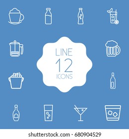 Set Of 12 Beverages Outline Icons Set.Collection Of Soda, Fizzy Water, French Press And Other Elements.