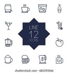 Set Of 12 Beverages Outline Icons Set.Collection Of Wine Cask, Kettle, Mug And Other Elements.