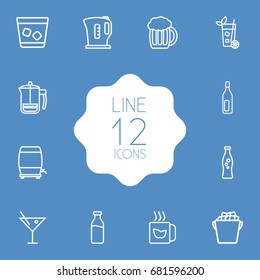 Set Of 12 Beverages Outline Icons Set.Collection Of Cocktail, Bottle, Beer And Other Elements.