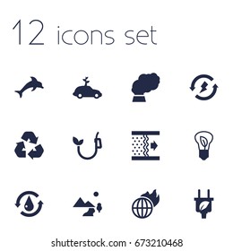 Set Of 12 Bio Icons Set.Collection Of Renewable, Warm, Nature And Other Elements.