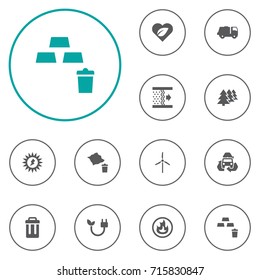 Set Of 12 Bio Icons Set.Collection Of Fan, Trash, Reforestation And Other Elements.