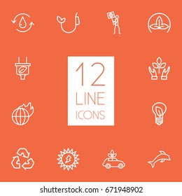 Set Of 12 Bio Outline Icons Set.Collection Of Recycling, Eco, Dolphin And Other Elements.