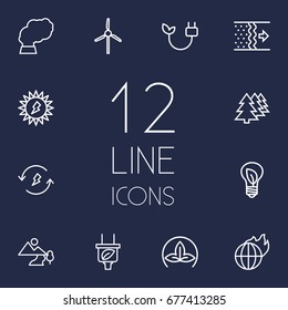 Set Of 12 Bio Outline Icons Set.Collection Of Afforestation, Eco, Wind Turbine And Other Elements.