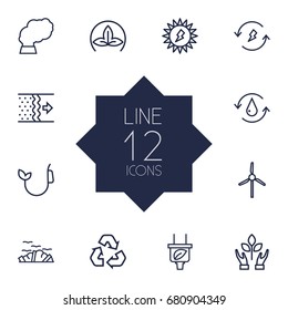 Set Of 12 Bio Outline Icons Set.Collection Of Plug, Water, Recycling And Other Elements.