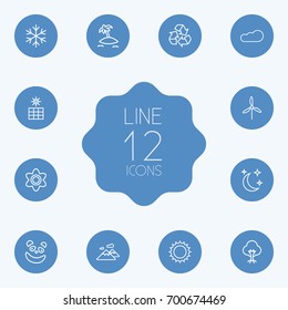 Set Of 12 Bio Outline Icons Set.Collection Of Moon With Star, Cloud, Flower And Other Elements.