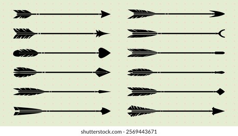 Set of 12 black arrow silhouettes, each with unique designs. Arrows with feathers, arrowheads, and varied shapes. Decorative arrows on a light background. Element vector set.