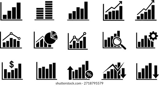Un conjunto de 12 iconos de gráficos de barras negras en formato PNG, utilizados para representar datos, estadísticas e infografías en contextos comerciales y financieros.