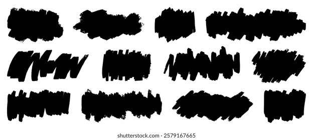 Set of 12 black brush strokes. Bold brush strokes create dynamic textures. Each brush stroke varies in shape and size. Perfect for artistic brush stroke designs. Creative elements, vector set.