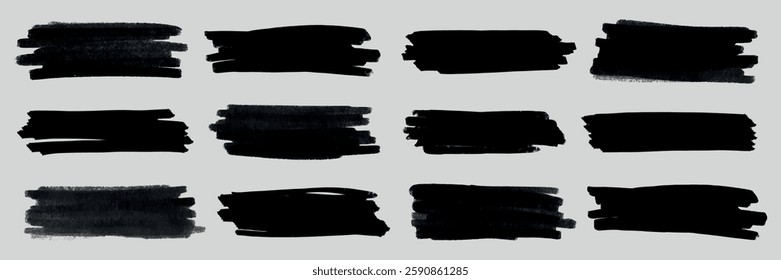 Set of 12 black brush strokes on a light background. Each brush stroke varies in texture and shape. Black brush strokes ideal for design projects. Creative elements, vector set.