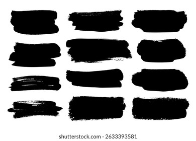 Conjunto de 12 traçados de pincel preto com listras, bordas irregulares irregulares irregulares. Planos de fundo vetoriais em forma de ponto de tinta acrílica, marcador para textos, acentos, inscrições, títulos.