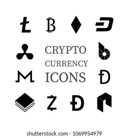 Set of 12 black crypto currency icons isolated on white. Digital currency. Virtual money. Blockchain based secure. Easy to use vector elements of design for websites, social media, apps, etc.
