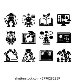 A set of 12 black educational icons featuring a mouse with a graduation cap, robot with code symbols, open book with a plant, computer cute fabric baby bib with people, owl with a book, notebook with a graduation cap, person with thought bubbles, blackboard with math equations, robotic arm with a pencil, globe with a graduation cap, computer screen with a search bar, and dragon with people, perfect for infographics, web design, presentations, and educational materials.