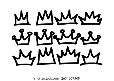 Set of 12 black graffiti tags with crown elements and transparent backgrounds. Bold, hand-drawn urban lettering ideal for street art, apparel, branding, and digital projects.
