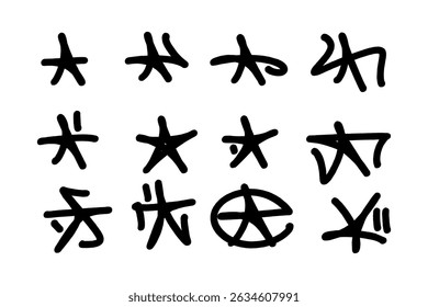 Set of 12 black graffiti tags with star elements, consistent style, and transparent backgrounds. Bold, hand-drawn urban lettering perfect for street art, apparel, branding, and digital projects.
