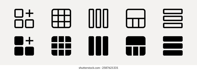 Set of 12 black grid icons on a light background. Grid icons include various layouts: columns, rows, and squares. Perfect for design and interface use. User interface icons, UI icon vector set.