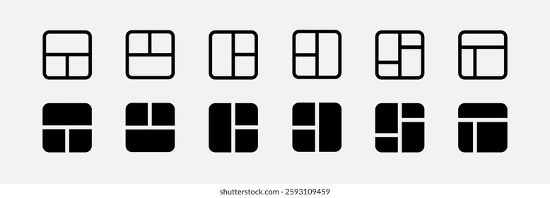 Set of 12 black grid icons in various layouts. Grid icons feature different section divisions. Perfect for UI design, app interfaces, and web layouts. User interface icons, UI icon vector set.