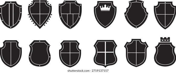 A set of 12 black heraldic shields with different shapes and crowns on a white background