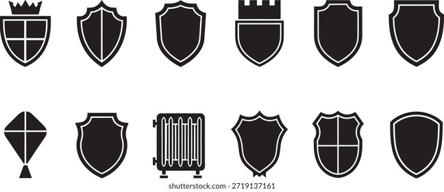 Um conjunto de 12 escudos heráldicos pretos e cristas com formas e desenhos exclusivos em um fundo branco