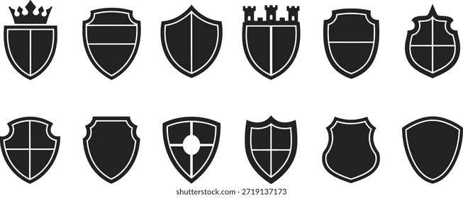 Um conjunto de 12 escudos heráldicos pretos com diferentes formas, tamanhos e designs, incluindo coroas e cruzes