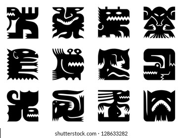 Set of 12 black icons of fantasy monsters. Isolated on white.