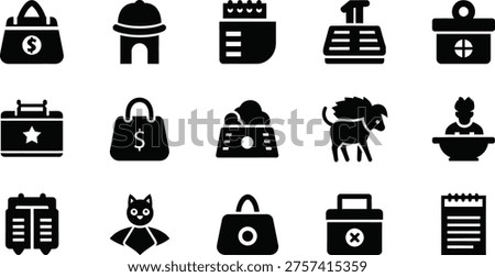 A set of 12 black icons on a white background featuring bags, a hat, and other miscellaneous items