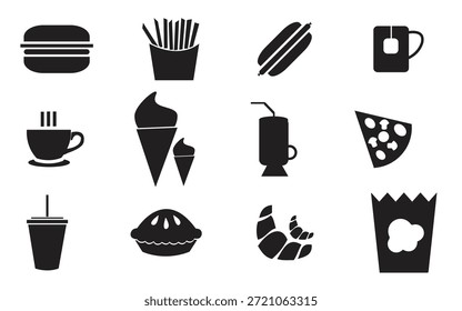 Um conjunto de 12 ícones pretos representando vários fast-foods e bebidas em um fundo branco plano