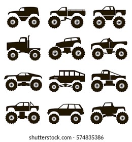 Set of 12 black icons vector different monster truck