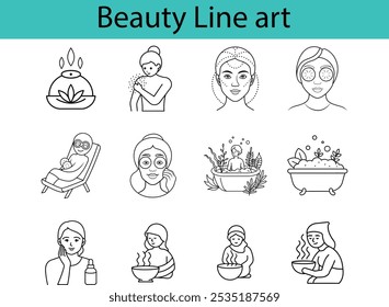A set of 12 black line art illustrations depicting various skincare practices, including face masks, massages, aromatherapy, and herbal baths.