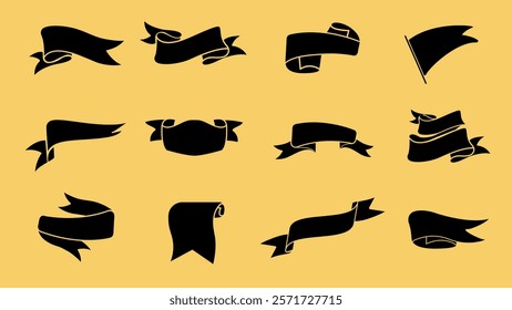 Set of 12 black ribbon banners on a yellow background. Various ribbon shapes, perfect for design. Ribbon collection for creative projects. Ribbon banner vector set.