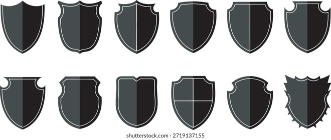 A set of 12 black shields with different shapes and styles, resembling medieval heraldic shields