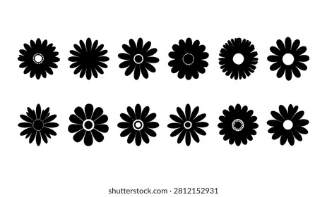 A set of 12 black silhouette flower icons, each with unique petal designs, suitable for graphic design, decoration, and creative projects.