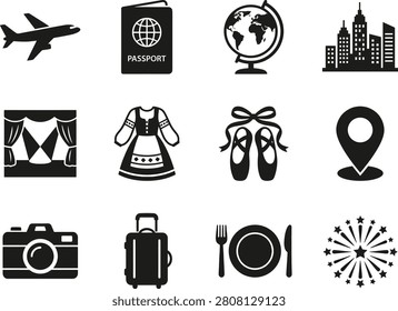 A set of 12 black silhouette on a white background, depicting various travel and tourism-related symbols, including a plane, passport, globe, cityscape, theater curtains, dress, ballet shoes, map...