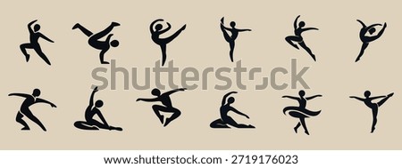 A set of 12 black silhouettes of dancers (classical ballet, lyrical dance, and contemporary dance) rendered in an elegant, minimalist calligraphic style on a beige background.