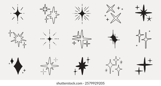 Set of 12 black starburst icons in various styles. Starburst designs feature different shapes and sizes. Starburst graphics for decoration and design. Element vector set.