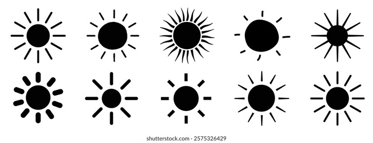 Set of 12 black sun icons with varied rays. Sun icons feature different ray styles. Perfect for designs needing sun icons with unique ray patterns. Weather icons, isolated vector element set.