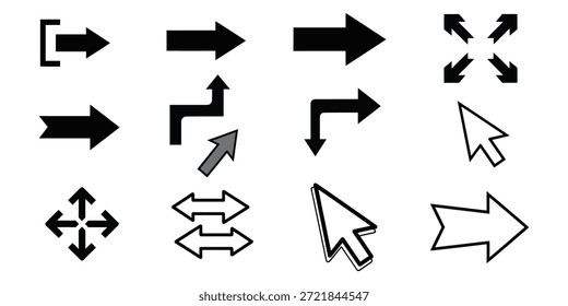 Ein Satz von 12 schwarz-weißen Pfeilsymbolen und Cursor in verschiedenen Formen und Richtungen.