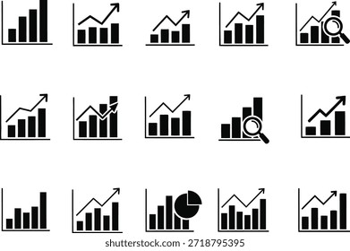 Ein Satz von 12 schwarz-weißen Balkendiagrammsymbolen mit verschiedenen Symbolen und Pfeilen, die Wachstum, Zunahme und Trends anzeigen