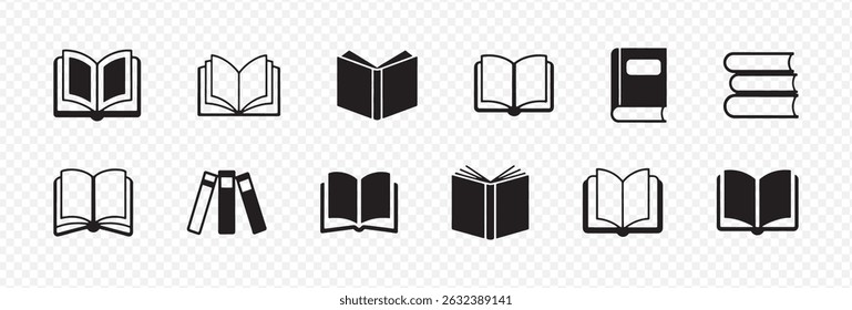 Set of 12 Black and White Book Icons Featuring Open, Closed, Stacked, and Bookmarked Designs on Transparent Background for Library, Education, and Publishing Graphics