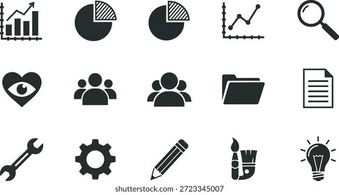 Un conjunto de 12 iconos en blanco y negro que representan los conceptos de negocio, análisis de datos y productividad