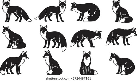 A set of 12 black and white illustrations of foxes in different sitting and standing poses, showcasing their varied expressions and postures.