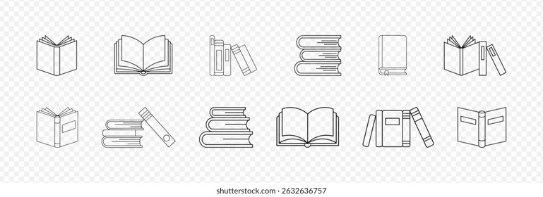 Set of 12 Black and White Line Art Book Icons Featuring Open, Closed, Stacked, and Bookmarked Designs on Transparent Background for Library, Education, Publishing, and Academic Use