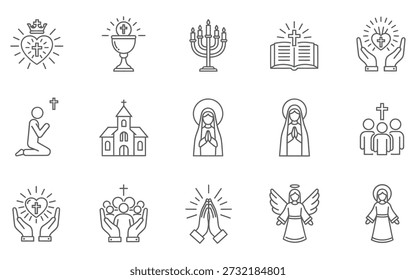 A set of 12 black and white line drawings depicting various religious symbols and icons from Christianity and Judaism