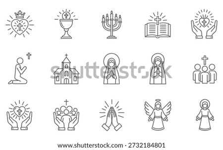 A set of 12 black and white line drawings depicting various religious symbols and icons from Christianity and Judaism