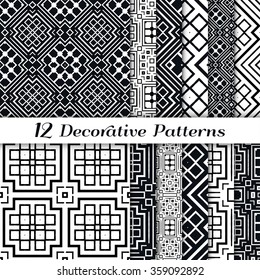 Set of 12 black and white seamless geometric patterns with repeating texture for fabric or paper print, invitations, cards or banners design. Vector collection