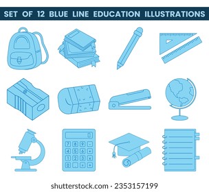 Set of 12 blue line education illustrations. Vector illustration with education theme. Back to school.
