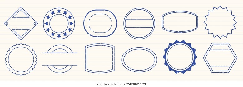 Set of 12 blue stamp templates with various shapes like circles, ovals, and hexagons. Stamp designs include stars and lines, perfect for creating custom stamps. Blue blank stamps, vector set.