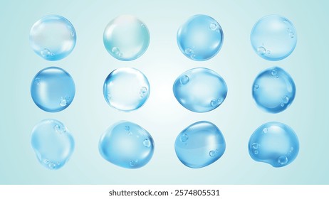 Set of 12 blue water bubbles on a light background. Water bubbles with reflections. Transparent bubbles in various shapes. Glossy, clear water bubbles. Soap bubble element vector set.