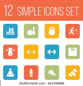 Set Of 12 Bodybuilding Icons Set.Collection Of Meditate, Bodybuilding, Basin And Other Elements.