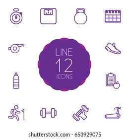 Set Of 12 Bodybuilding Outline Icons Set.Collection Of Trekking Shoes, Kettlebells, Running Track And Other Elements.