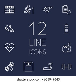 Set Of 12 Bodybuilding Outline Icons Set.Collection Of Water Bottle, Scales, Trekking Shoes And Other Elements.